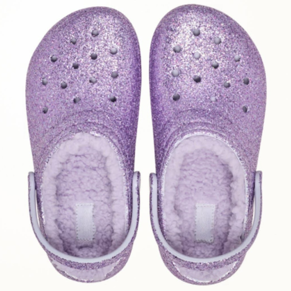 Lilac Glitter Fuzzy Crocs